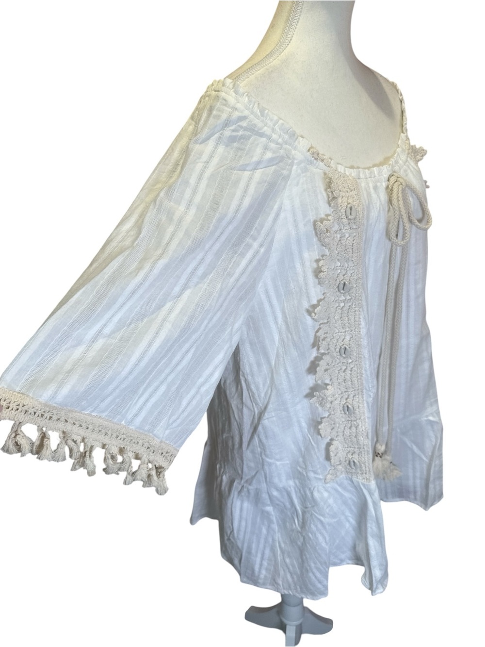 Boho Tassel Tie Peasant Top in Ivory with Beige Trim NWT - Picture 7 of 12